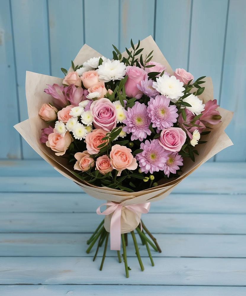 Букет цветов из: Хризантемы, Розы и Альстромерии в Пролетарский Московской области