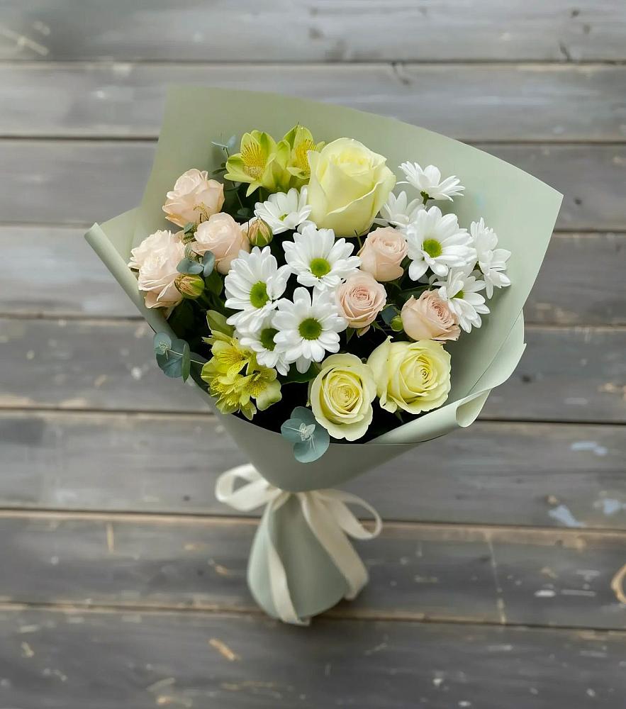 Букет цветов из: Альстромерии, Розы и Хризантемы в Пролетарский Московской области