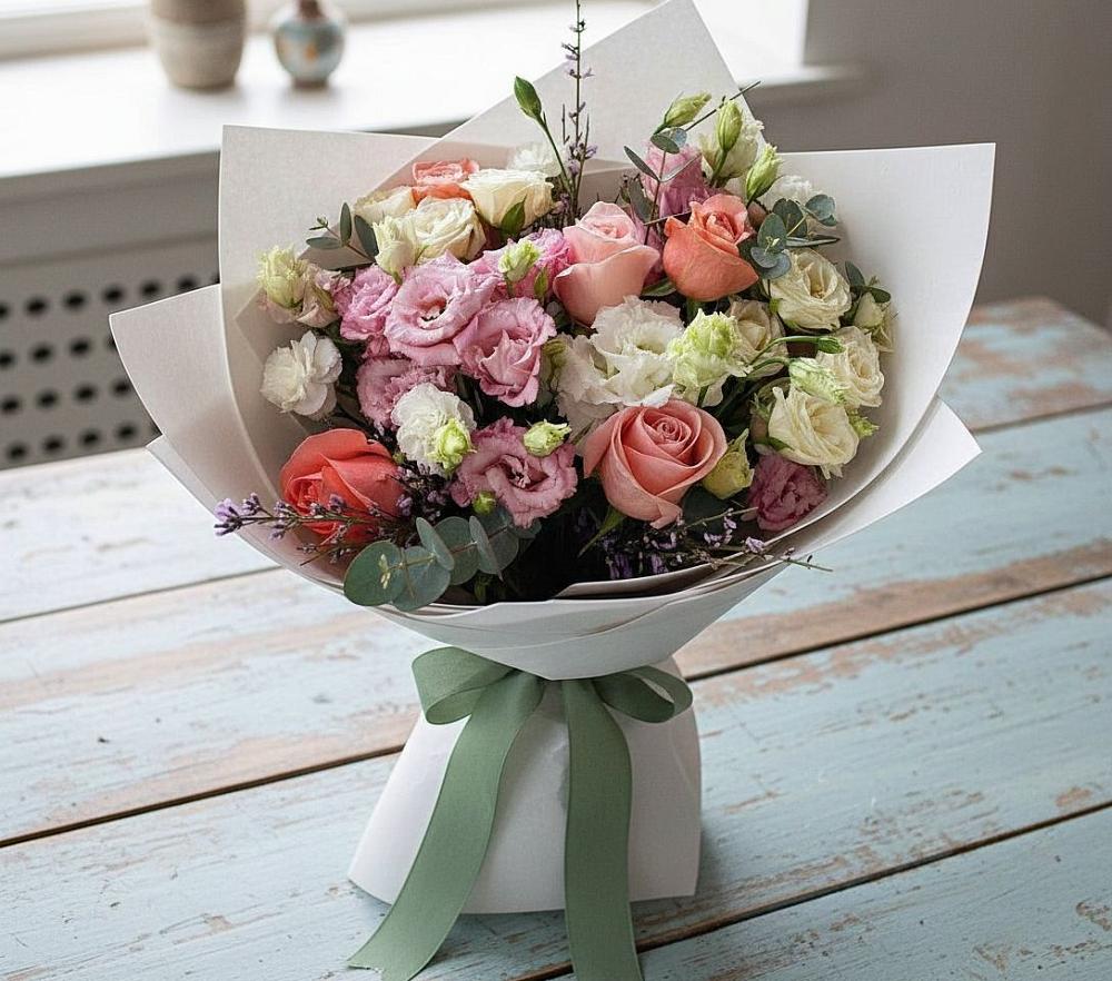 Букет цветов из: Розы, Лизиантусы и Гвоздики в Пролетарский Московской области