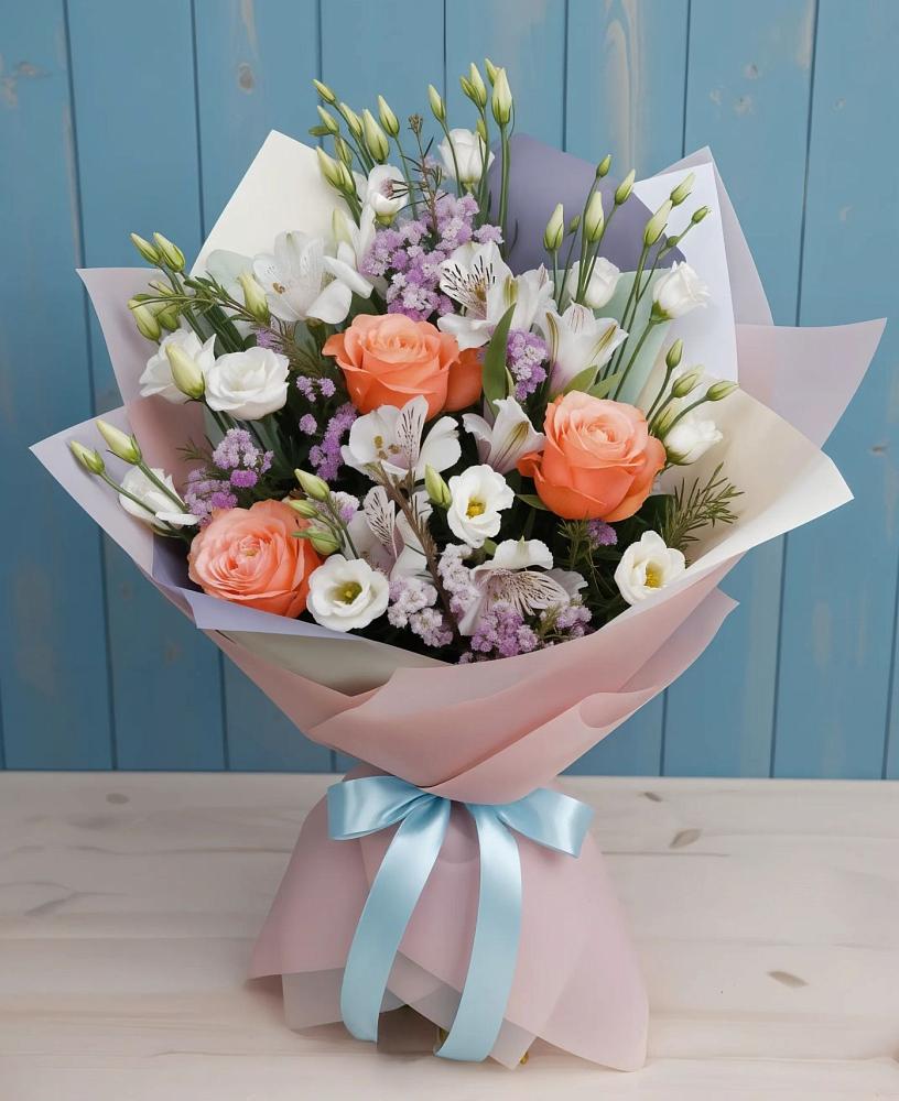 Букет цветов из: Лизиантусы, Розы, Альстромерии и Гипсофила в Пролетарский Московской области