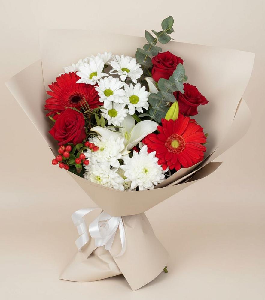 Букет цветов из: Розы, Хризантемы, Герберы и Лилии в Пролетарский Московской области