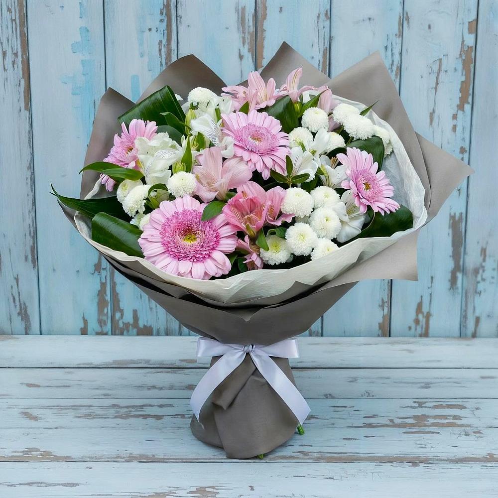 Букет цветов из: Герберы, Альстромерии и Хризантемы в Пролетарский Московской области