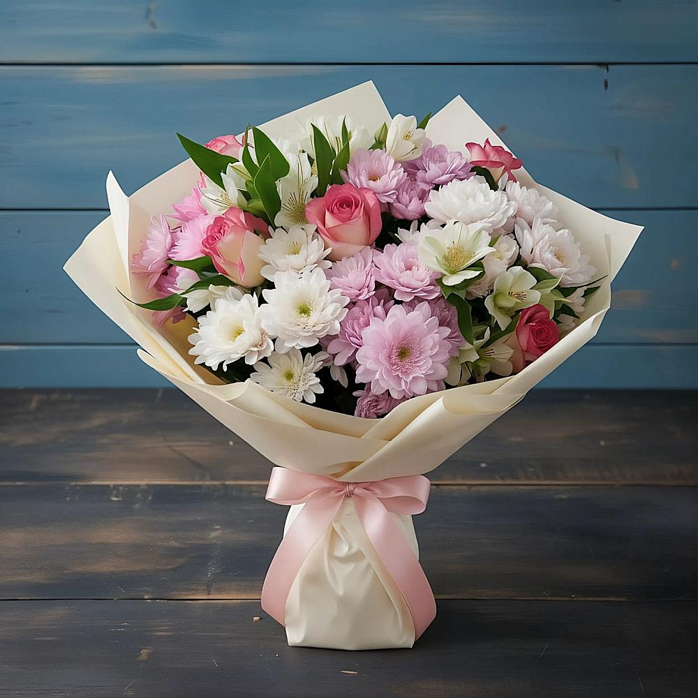 Букет цветов из: Хризантемы, Альстромерии и Розы в Пролетарский Московской области